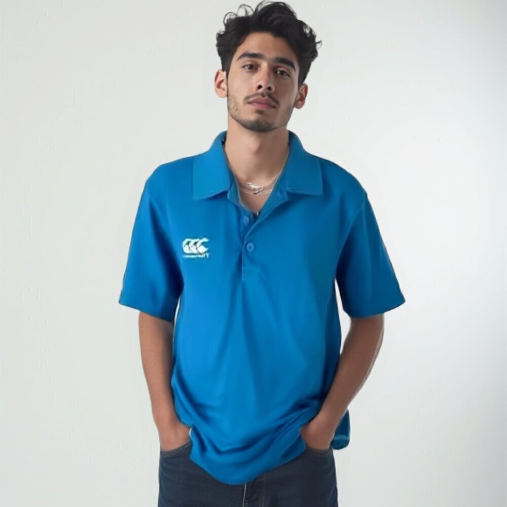 CANTERBURY OF NEW ZEALAND Blue Rugby Polo Shirt Men's Large Short Sleeve